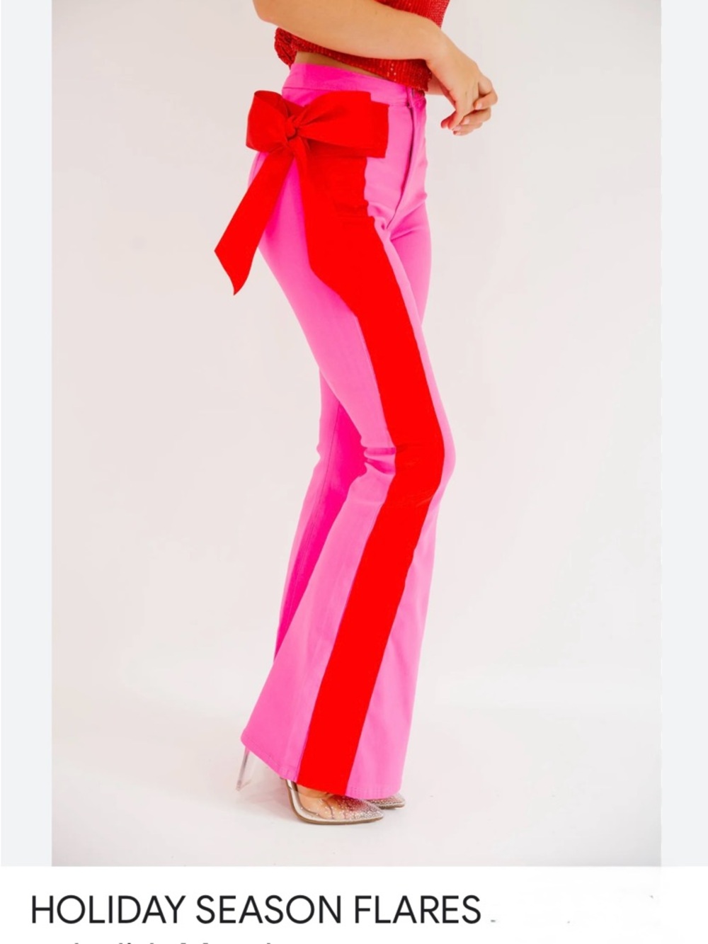 Judith March Hot Pink Boot Cut Pants with Red Ribbon Trim - Picture 8 of 10